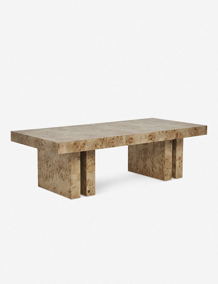 | Angled left view of the Brisa rectangular burl wood coffee table with four legs