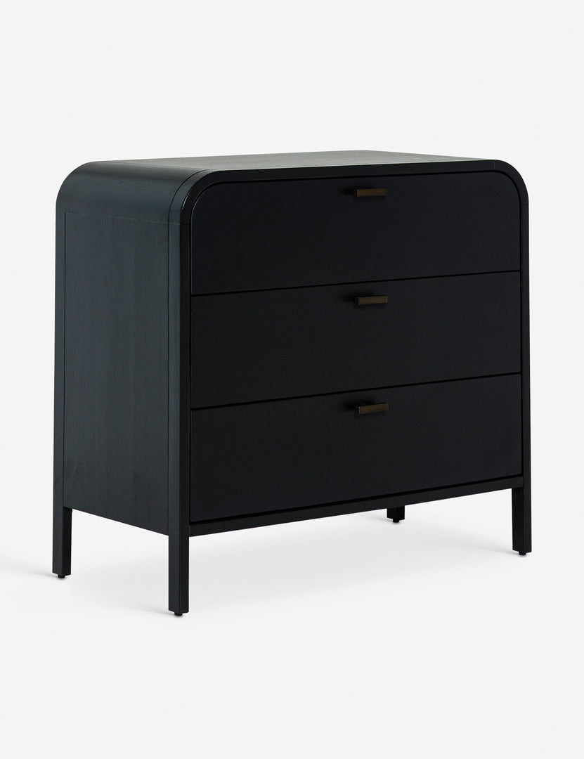 #color::black | Angled view of the Brooke 3-drawer black oak dresser