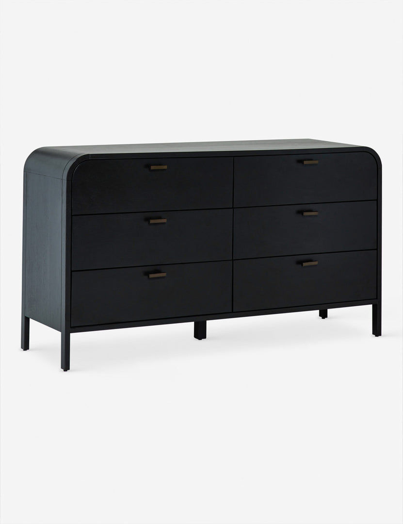 #color::black | Angled view of the brooke black oak 6-drawer rounded dresser 