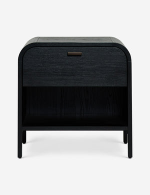 Brooke one drawer black nightstand with an open shelf and sleek iron pull