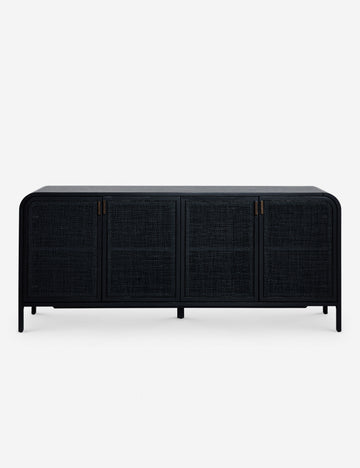 #color::black | Brooke black solid oak sideboard with iron pulls and woven cane doors