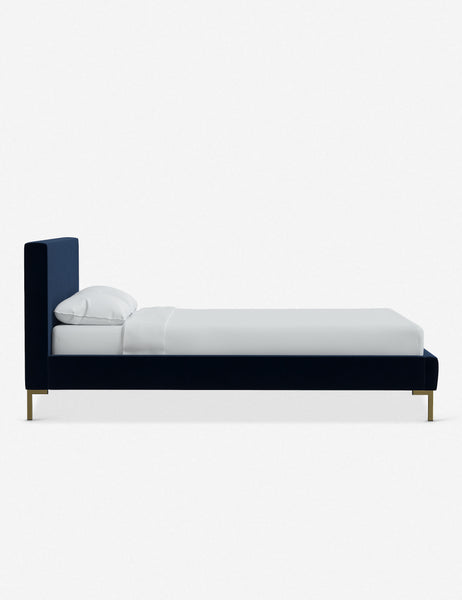 #color::navy-velvet #size::twin #size::full #size::queen #size::king #size::cal-king | Side of the Deva Navy Velvet platform bed