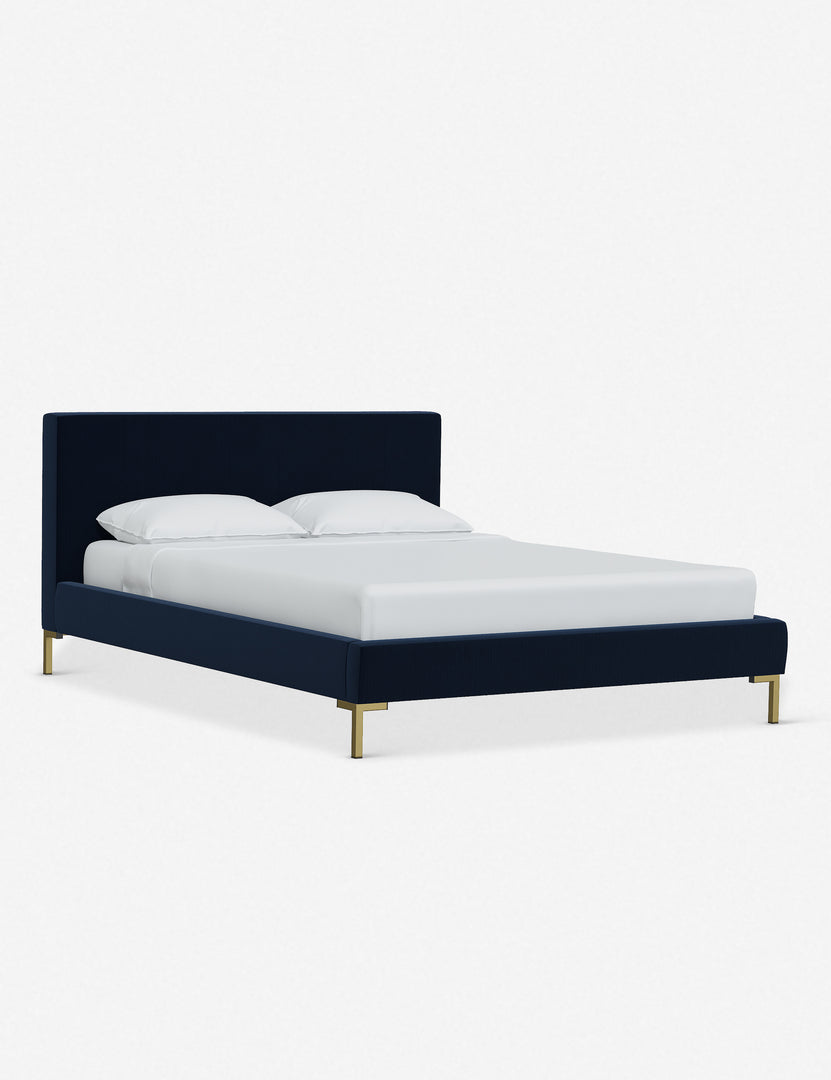 #color::navy-velvet #size::twin #size::full #size::queen #size::king #size::cal-king | Angled view of the Deva Navy Velvet platform bed