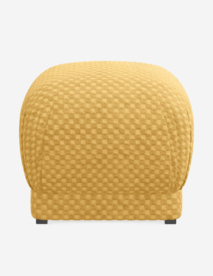 Bailee Hi-Lo Checker Goldenrod upholstered ottoman with a pouf-like design and pleated corners by Sarah Sherman Samuel