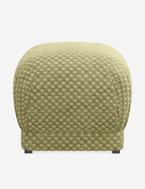 Bailee Hi-Lo Checker Olive upholstered ottoman with a pouf-like design and pleated corners by Sarah Sherman Samuel