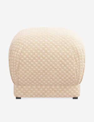 Bailee Hi-Lo Checker Natural upholstered ottoman with a pouf-like design and pleated corners by Sarah Sherman Samuel