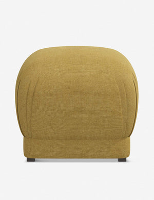 Bailee Golden Linen upholstered ottoman with a pouf-like design and pleated corners
