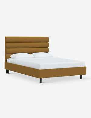 Angled view of the Bailee Ochre Boucle platform bed