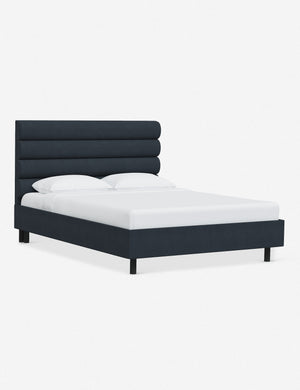 Angled view of the Bailee Navy Linen platform bed