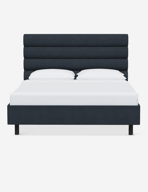 Bailee Navy Linen platform bed with a horizontal tufted headboard