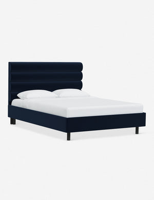 Angled view of the Bailee Navy Velvet platform bed