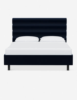 Bailee Navy Velvet platform bed with a horizontal tufted headboard