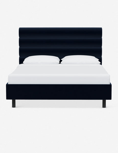 #color::navy-velvet #size::twin #size::full #size::queen #size::king #size::cal-king | Bailee Navy Velvet platform bed with a horizontal tufted headboard