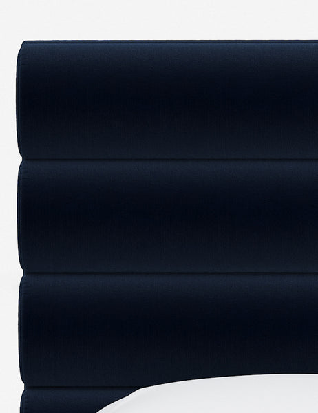 #color::navy-velvet #size::twin #size::full #size::queen #size::king #size::cal-king | The horizontal tufted headboard on the Bailee Navy Velvet platform bed