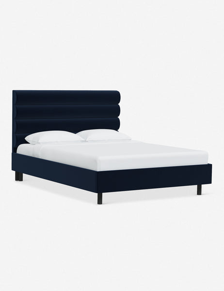 #color::navy-velvet #size::twin #size::full #size::queen #size::king #size::cal-king | Angled view of the Bailee Navy Velvet platform bed