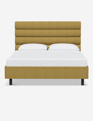 Bailee Golden Linen platform bed with a horizontal tufted headboard