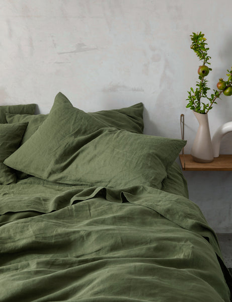 #color::forest #size::queen #size::king | European Flax Linen forest green striped Sheet Set by Cultiver