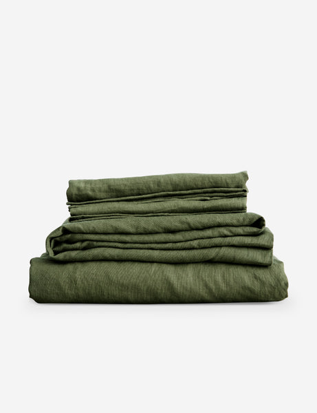 #color::forest #size::queen #size::king | European Flax Linen forest green striped Sheet Set by Cultiver