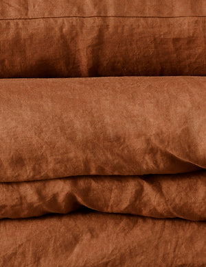Close-up of the European Flax Linen cedar orange Duvet Set by Cultiver