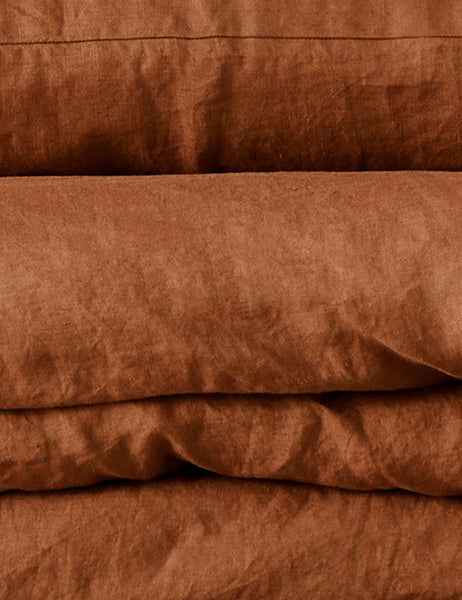 #color::cedar #size::queen #size::king #size::twin #size::cal-king | Close-up of the European Flax Linen cedar orange Duvet Set by Cultiver