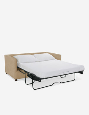 Lotte camel velvet queen-sized sleeper sofa with the bed pulled out