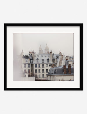 Montmatre Photography Print in a black frame that features a misty Parisian cityscape by Carley Rudd