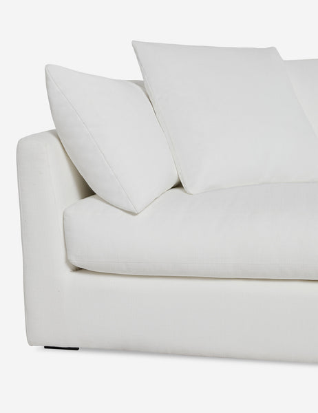 #color::white-performance-fabric #size::108-W #size::96-W #size::84-W #size::72-W | Close up of the Cashel White Performance Fabric Sofa