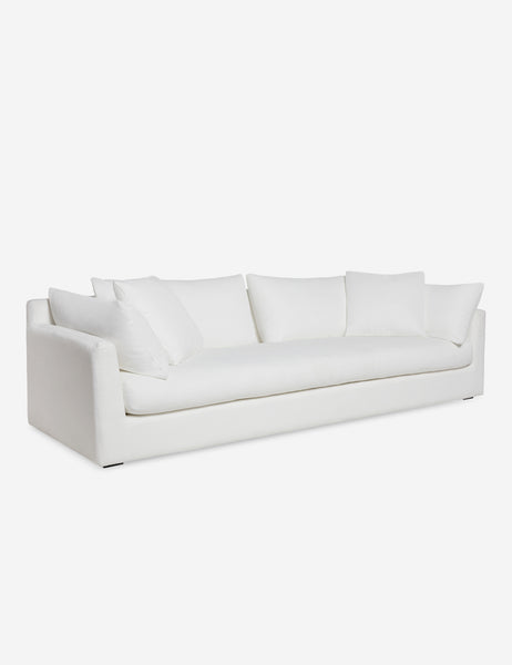 #color::white-performance-fabric #size::108-W #size::96-W #size::84-W #size::72-W | Angled view of the Cashel White Performance Fabric Sofa