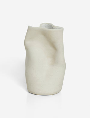 Angled view of the Caverns white sculptural vase by Salamat Ceramics