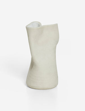 Angled view of the Caverns white sculptural vase by Salamat Ceramics