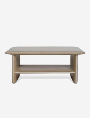 Head on view of the Cedro large minimalist light wood coffee table with shelf.