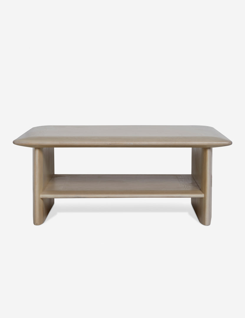 #color::light-oak | Head on view of the Cedro large minimalist light wood coffee table with shelf.