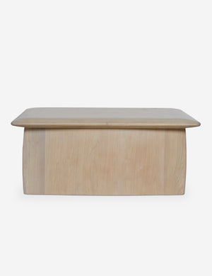 Side view of the Cedro large minimalist light wood coffee table with shelf.