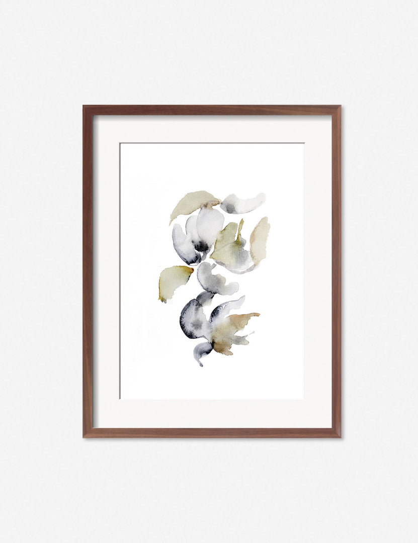 #color::walnut #frame-option::framed #size::23--x-29- #size::14--x-17- #size::17--x-23- #size::29--x-37- #size::35--x-45- | Awakening Spring Print in a walnut frame featuring a playful arrangement of delicate petals by Céline Nordenhed