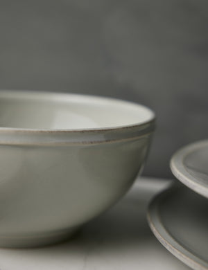 Close-up of the grooved edge on the Friso grey dinnerware 5-piece place setting by Costa Nova