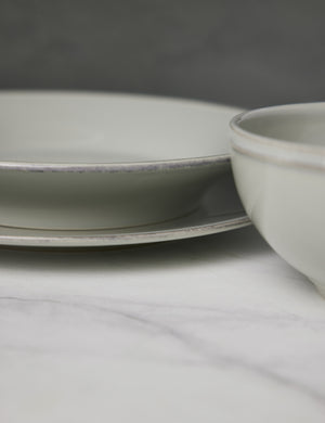 Close-up of the Friso grey dinnerware 5-piece place setting by Costa Nova