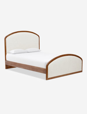 Angled view of the Crawford natural linen platform bed