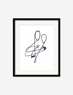 Love Print in a black frame that features a line drawing with two subjects interlaced in one continuous form by Damienne Merlina