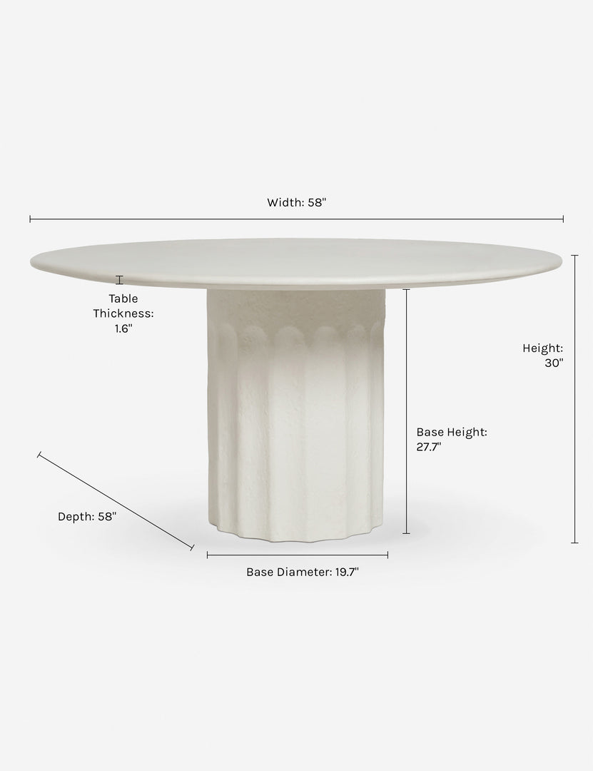 | Dimensions on the Doric white round dining table