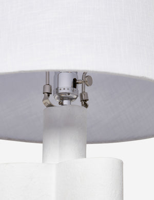 The silver hardware and light switch on the inside of the Duffy white table lamp