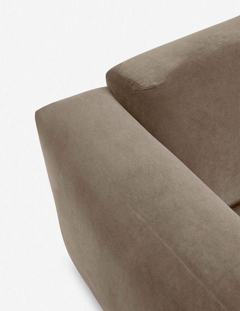 #color::Toffee | Where the arm and back-cushions of the Eleanor toffee brown Velvet sofa connect