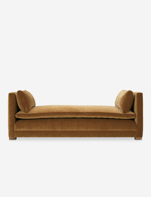 Elive Cognac Velvet upholstered chaise with a pillowtop bench cushion and plush bolsters