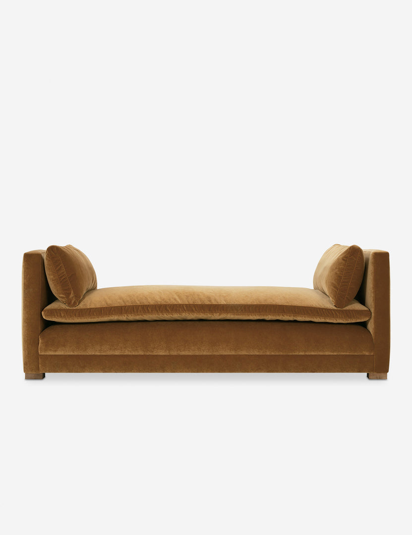 #color::cognac-velvet | Elive Cognac Velvet upholstered chaise with a pillowtop bench cushion and plush bolsters