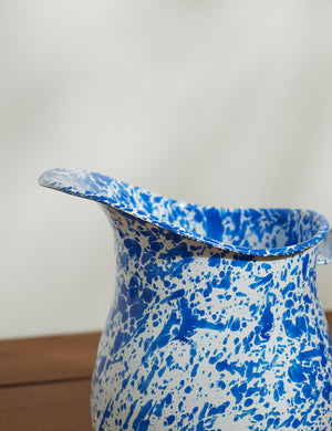 Close-up of the spout on the Enamelware Splatter Large blue and white Pitcher by Crow Canyon