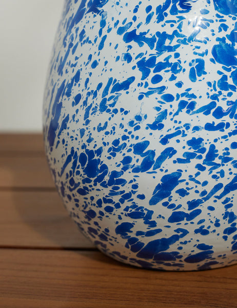 | Close-up of the base on the Enamelware Splatter Large blue and white Pitcher by Crow Canyon