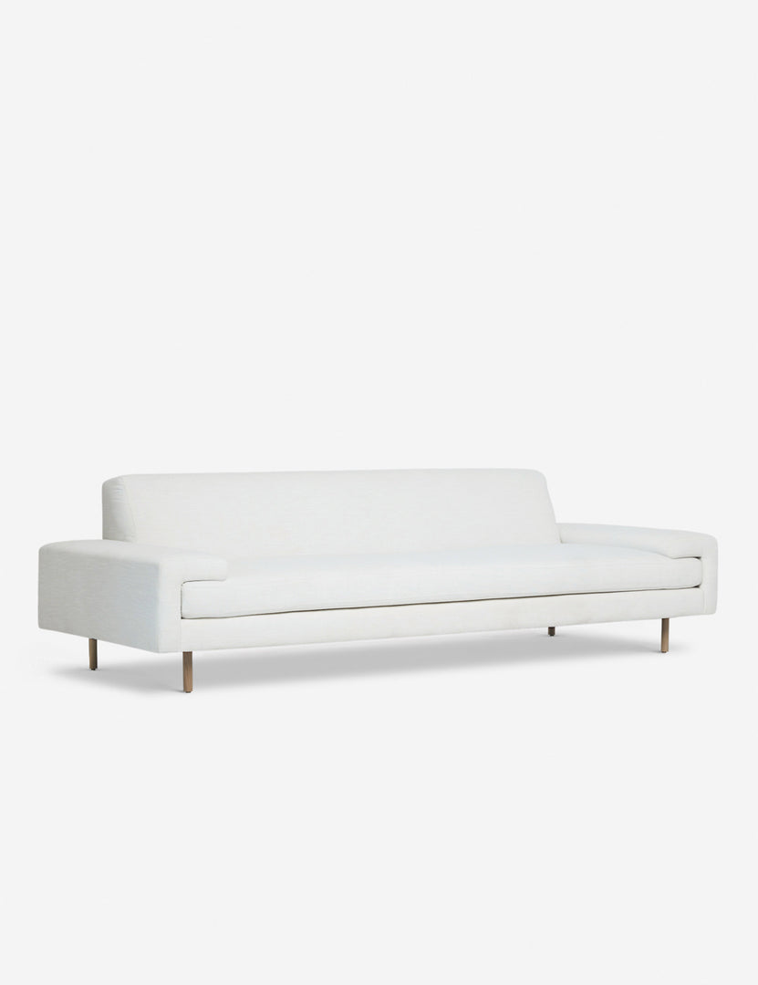 #color::white #size::72-W #size::84-W #size::96-W #size::108-W | Angled view of the Estee white linen upholstered sofa 