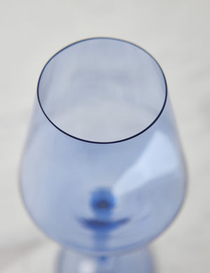 Angled view of a cobalt blue wine glass by Estelle Colored Glass