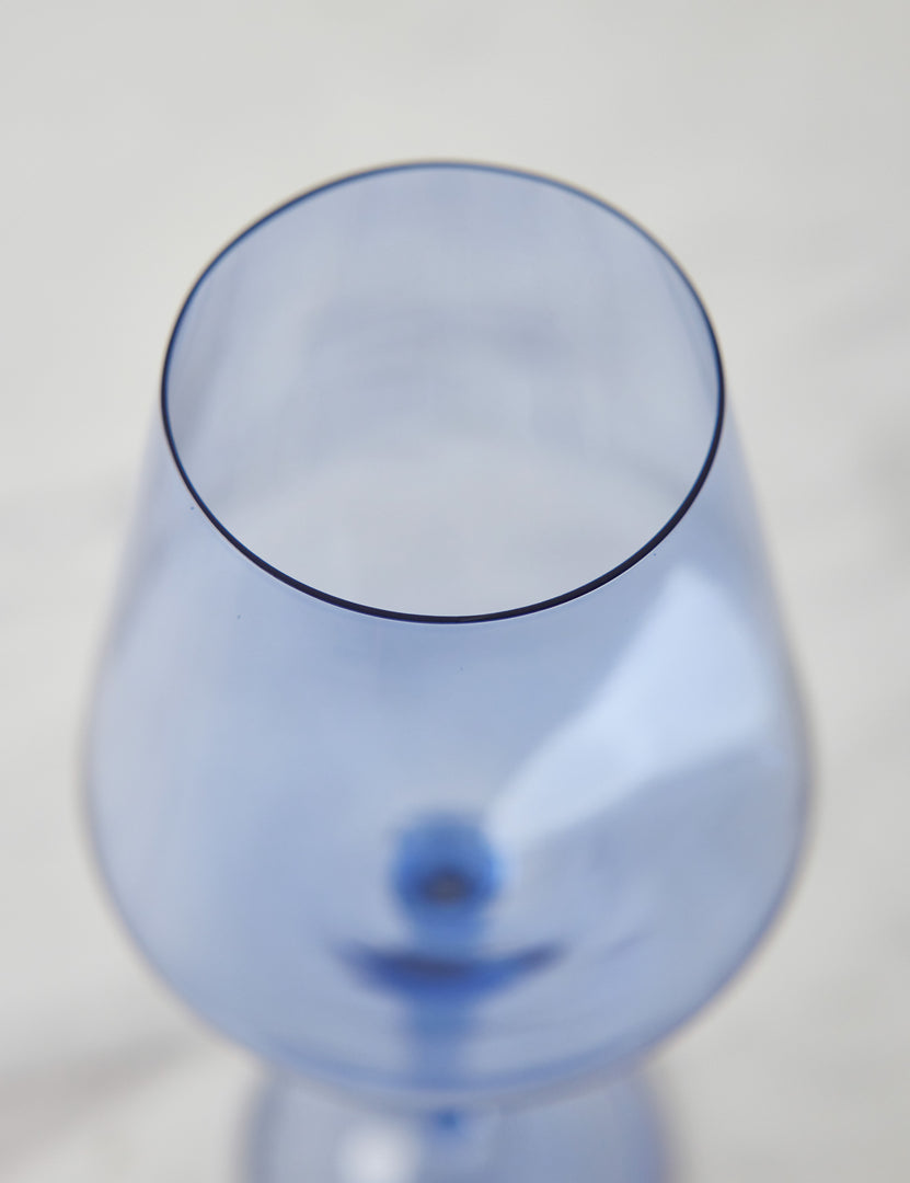 #color::cobalt | Angled view of a cobalt blue wine glass by Estelle Colored Glass