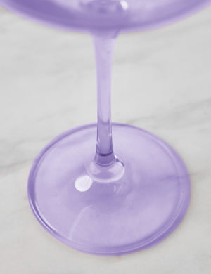 Close-up of the base and stem of the Lavender purple wine glass by Estelle Colored Glass
