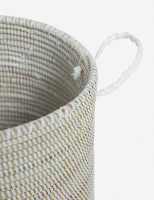 Close-up of the Ndeye white coil-style woven small-size storage basket by Expedition Subsahara